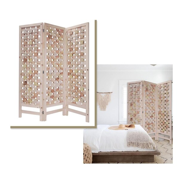 Palacedesigns 3 Panel Pink Room Divider with Cut Square Wood Design PA3094064 - main